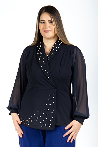 MEDOL GİYİM Kadın Büyük Beden Kruvaze Yaka Şifon Balon Kol İnci Detaylı Abiye BLUZ