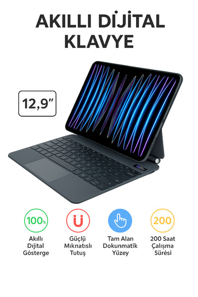 qasul iPad Pro 12 Uyumlu (3-4-5-6 Nesil) Air 6 Uyumlu 13' M2 Kablosuz Klavye Touchpad’li, Dijital Ekranlı