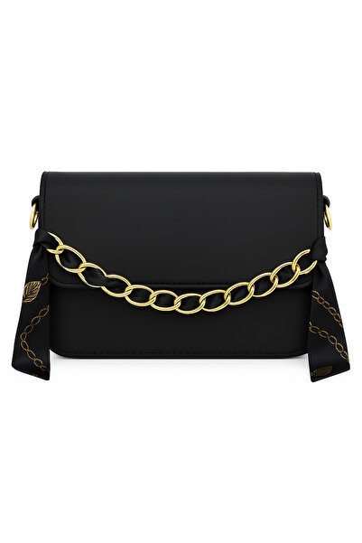 Global Zincir Detaylı Siyah Kadın Omuz Çantası – Şal Aksesuarlı Şık Model