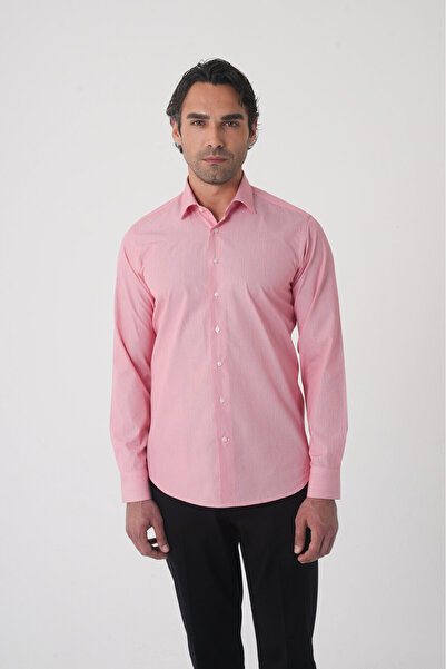 Bisse قميص رجالي قطني بأكمام طويلة وقصة عادية باللون الأحمر