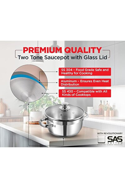 Vinod Two-Tone Stainless Steel Saucepan with Glass Lid - 18 cm, 2.3 L (Induction Compatible)