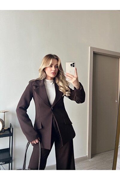 FMN Moda Palazzo Wide-Leg Pants with Quality Lining, Shoulder Pad Pieces, Waistband with Slight Shrinkage, Pocket Detail, Blazer Jacket Suit