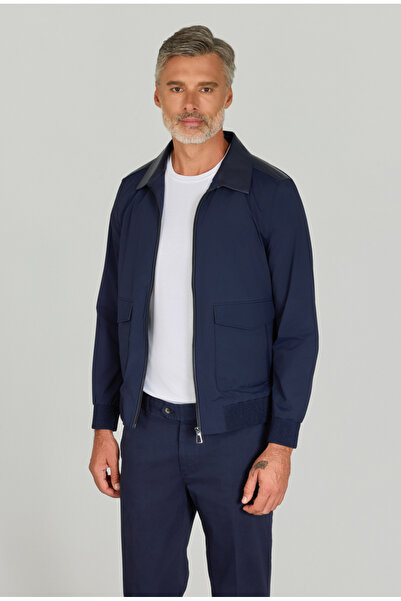 Bisse Gömlek Yaka Lacivert Deri Detaylı Erkek Mont