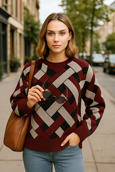 K-ODEA BUTİK Women's Zigzag Pattern O Oversized Knitwear Sweater - Soft Textured Crew Neck