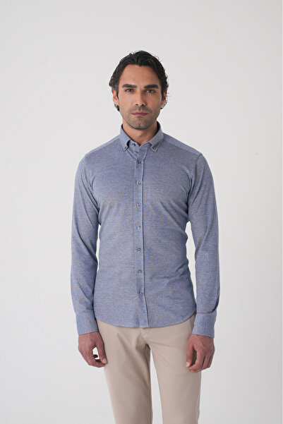 Bisse Erkek Uzun Kol Paşa Yaka Pamuk Örme Cepsiz Lacivert Gömlek