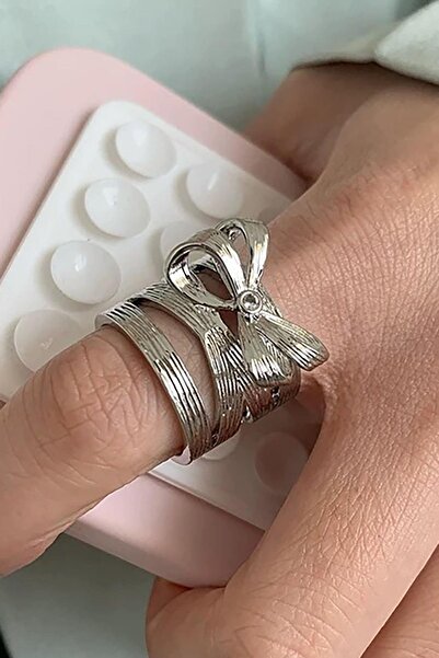 TAKIŞTIR Silver Color Ribbon Figured Adjustable Steel Ring