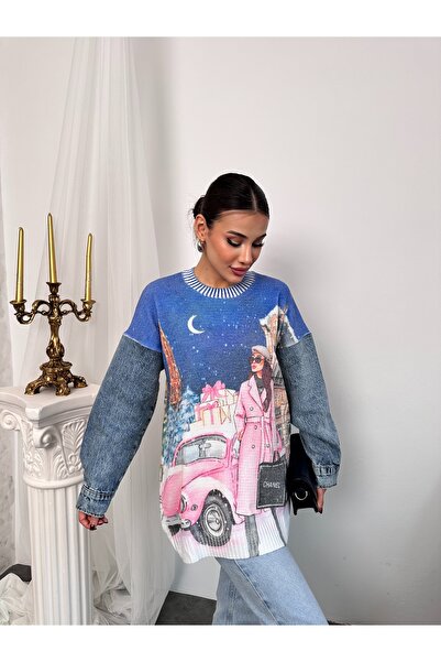 Hatun Atila Hatunatila Patterned Crew Neck Denim Sleeve Long Sweater - 4770-10