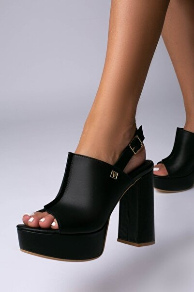 Vanilla Days Ivona Black Genuine Leather Block Heels with Gold Accents