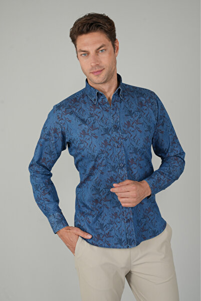 Bisse Erkek Uzun Kollu Spor Yaka Floral Desenli Denim Gömlek