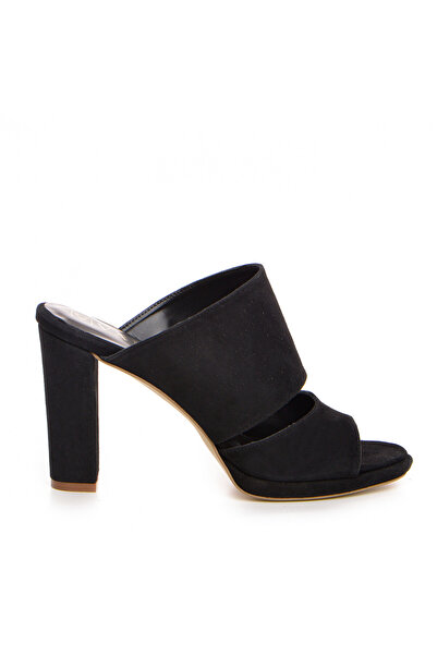 Vanilla Days Black Suede Low Thick Heel Mules - Genuine Leather