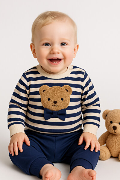 İZYALİF BABY Baby Boy Teddy Bear Embroidered 2-Piece Transitional Top and Bottom Set 9-12-18 Months Long Sleeve Cotton