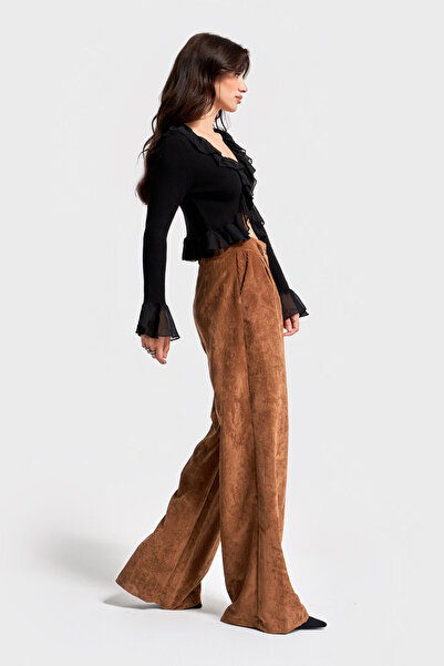 its basic Women's Latte Coffee W5-76 Super Palazzo Fit Pleated Thick Corded Fabric Velvet Velvet Fabric Trousers