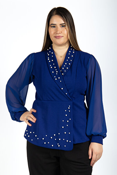 MEDOL GİYİM Kadın Büyük Beden Kruvaze Yaka Şifon Balon Kol İnci Detaylı Abiye...