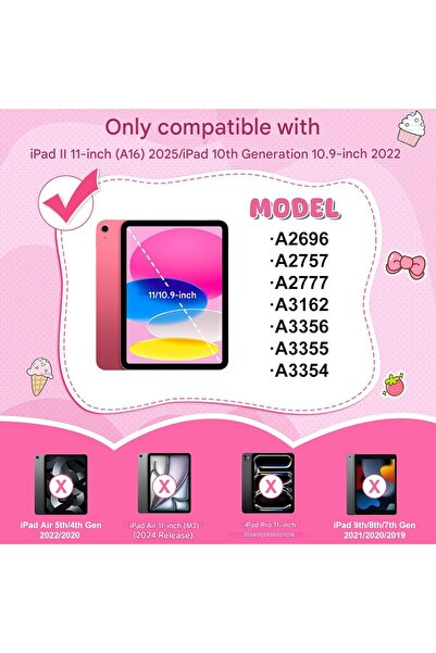 Aolcev iPad 11″ (2025) / 10.9″ (2022) case for girls, pink, ice cream design, rotating strap and silicone holder