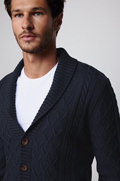 Tudors Slim Fit slim fit patterned soft textured buttoned navy blue men's cardigan