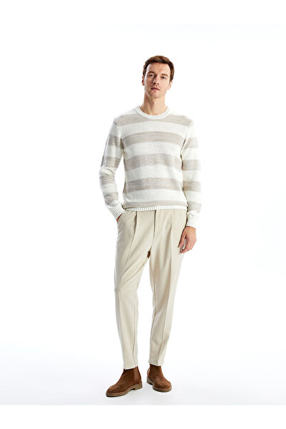 LC Waikiki Ανδρικό πλεκτό πουλόβερ με μακρυμάνικο ριγέ λαιμόκοψη LCWAIKIKI Classic Beige