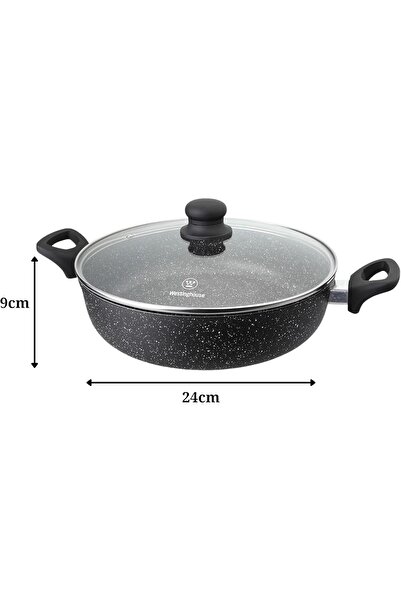 Westinghouse Low Casserole with Lid 24 cm - Compact Aluminum, Black Marble Nonstick Cookware