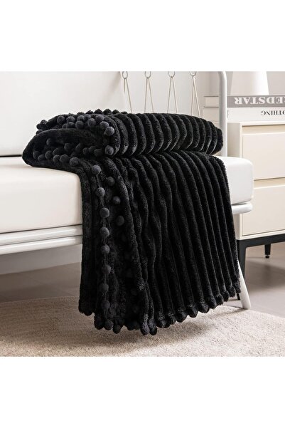 DİSSA Flannel & Fleece Double Blanket 1.52m x 2.03m - Soft Velvet Pom-Pom Fringe (Black)
