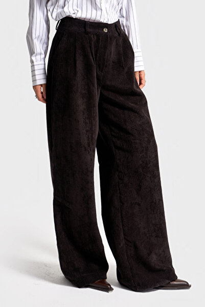 its basic Women's Black Color W5-1 Super Palazzo Fit Pleated Thick Corded Fabric Velvet Velvet Fabric Trousers