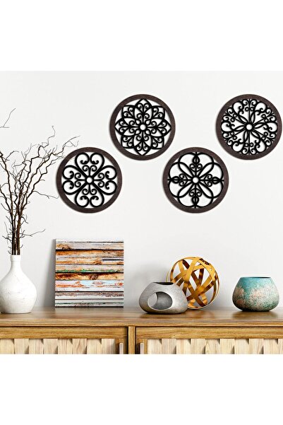 Generic ديكور جداري ريفي من الخشب السميك - لوحة جدارية دائرية بتصميم مزرعة، مكونة من 4 قطع (أسود/بني، 10 × 10 بوصة)