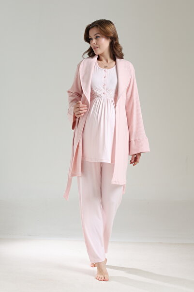 LOHOUSE Women's Powder Shawl Collar Cotton Maternity Pajama Set with Dressing Gown, 3-Piece Pajama Set