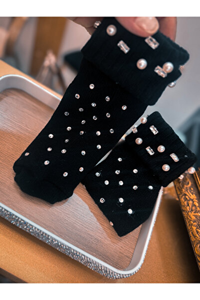 Maison MeDa İnci ve Taş Detaylı Siyah Lüks Kadın Çorap – Işıltılı & Zarif Dok...