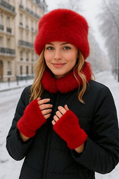 MARBERRY Set de 2 mănuși roșii cu textura moale de pluș de mango