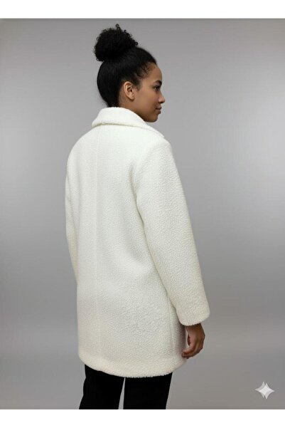 Afri Women's Cream Plush Coat – Buttoned, with Pockets, Warm and Stylish Winter Coat