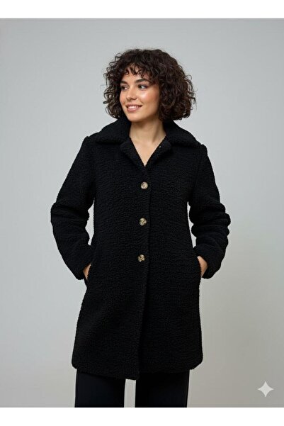 Afri Women's Black Plush Coat – Stylish Winter Coat with Buttons, Pockets, and Warmth