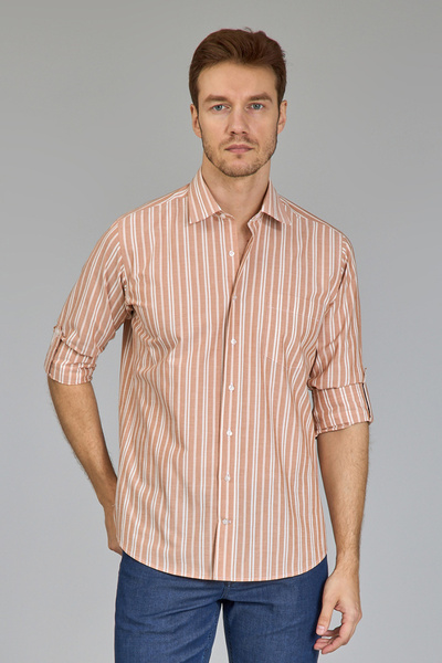 Bisse Regular Fit Spor Yaka Çizgili Somon Pamuk Erkek Gömlek