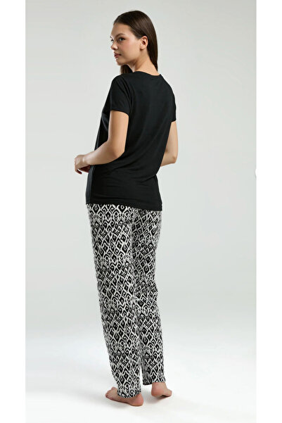 Arnetta Women, Black, Premium, Crew Neck, Half Placket Button Short Sleeve 2-Piece Set/Home Wear/Pajama Set