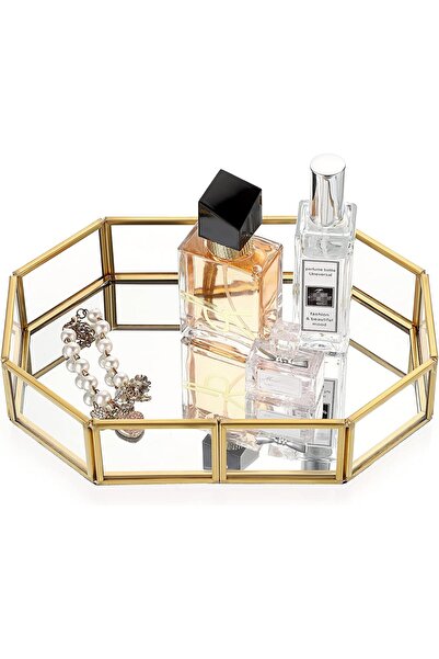 Hipiwe صينية زجاجية عاكسة صغيرة بحواف معدنية ذهبية للمجوهرات ومستحضرات التجمي...