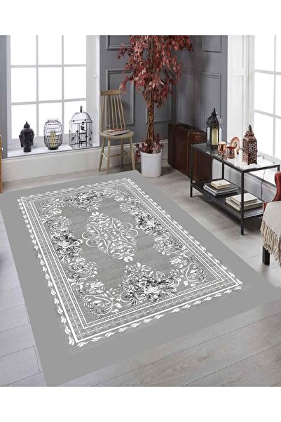 Battal Home Gri Çiçek Halı Modeli Lastikli Süngerli Halı Örtüsü