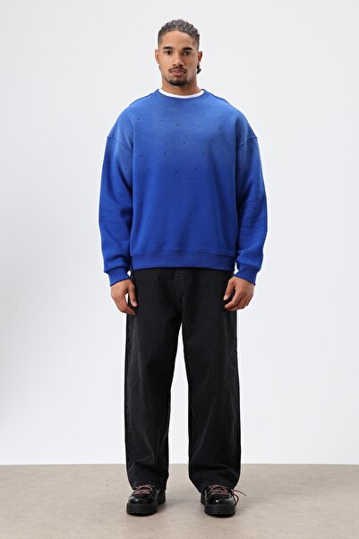 VAMOSCLO سترة قصة فضفاضة بتفاصيل حجرية قابلة للغسل أزرق بلون الكوبالت