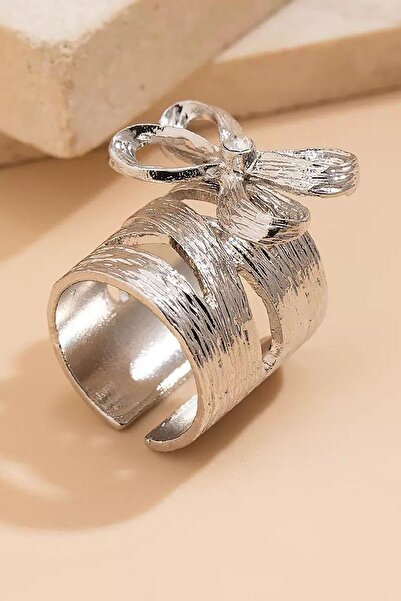 TAKIŞTIR Silver Color Ribbon Figured Adjustable Steel Ring