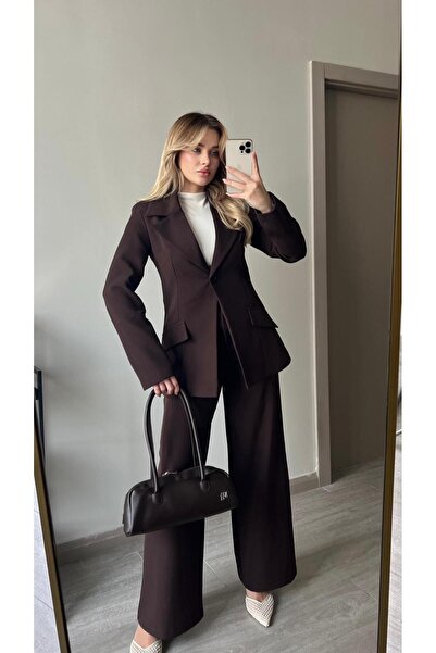 FMN Moda Palazzo Wide-Leg Pants with Quality Lining, Shoulder Pad Pieces, Waistband with Slight Shrinkage, Pocket Detail, Blazer Jacket Suit