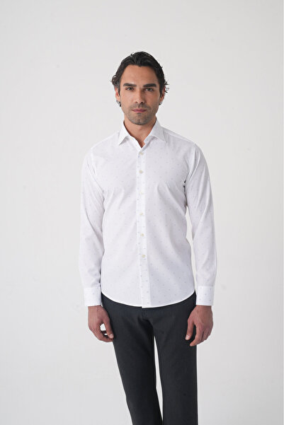 Bisse قميص رجالي أبيض بأكمام طويلة بدون جيوب