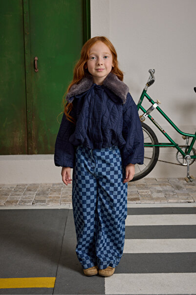 Fahhar Kids معطف بياقة فرو قابلة للإزالة باللون الأزرق الداكن