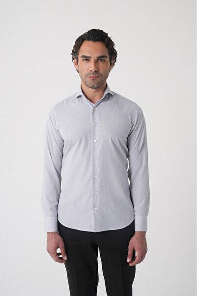 Bisse Regular Fit Men's Napoli Collar Long Sleeve Pocketless Cotton Gray Shirt