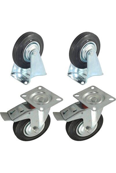 Evotools Set de 2 roți fixe și 2 roți pivotante cu frână, cauciuc solid, plac...