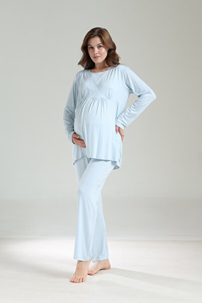 LOHOUSE Women's Blue Ruffled Shawl Collar Cotton Maternity Pajama Set with Dressing Gown 3-Piece Set