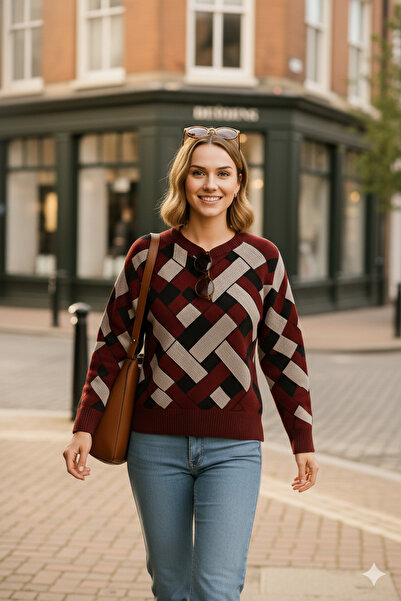 K-ODEA BUTİK Women's Zigzag Pattern O Oversized Knitwear Sweater - Soft Textured Crew Neck