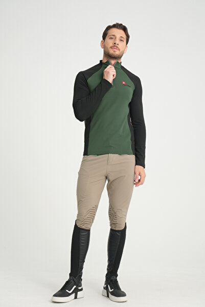 PEUR RIDER SHOP Siyah Kol Yeşil Garnili Fermuarlı Uzun Kollu Erkek Binici T-s...