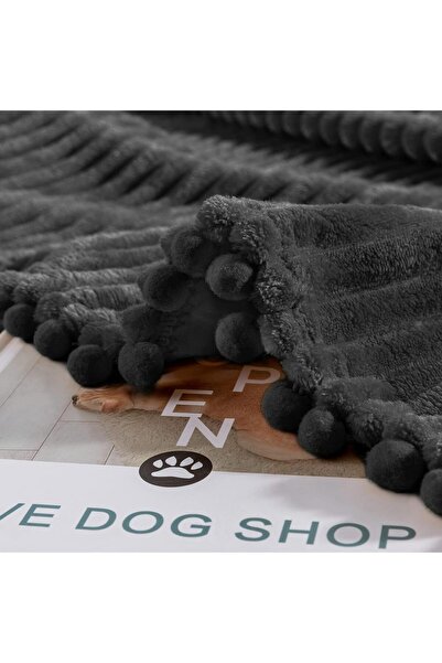 DİSSA Flannel & Fleece Double Blanket 1.52m x 2.03m - Soft Velvet Pom-Pom Fringe (Black)