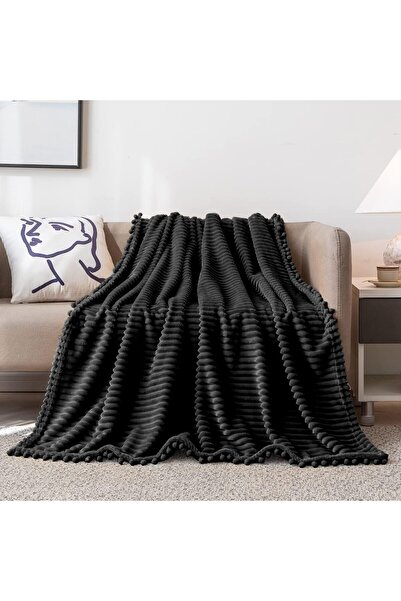 DİSSA Flannel & Fleece Double Blanket 1.52m x 2.03m - Soft Velvet Pom-Pom Fringe (Black)