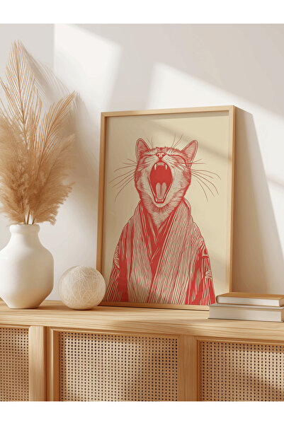 Patika Poster – “Yawning Cat” | Natural Ahşap Çerçeve | 300 g Dokulu Sanat Ka...