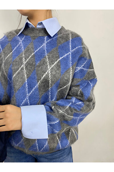 Krc Atelier Kadın Mavi-Gri Bisiklet Yaka Baklava Desenli Triko Kazak