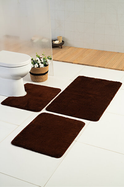 Moda Dekor Akrilik Uni Kahverengi 60x100-60x50-60x50cm 3'lü Banyo Paspası,Halı