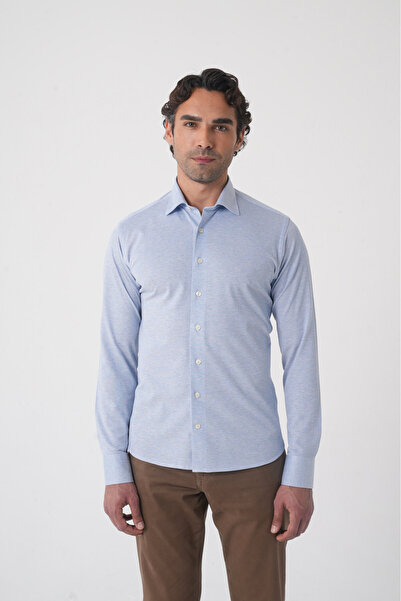Bisse Light Blue Long Sleeve Classic Collar Knitted Pocketless Men's Shirt