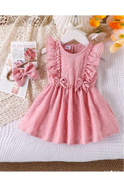 ÇEÇEN HOME فستان بناتي مزين بفيونكة وكشكشة وتفاصيل دانتيل مع طقم مشبك
